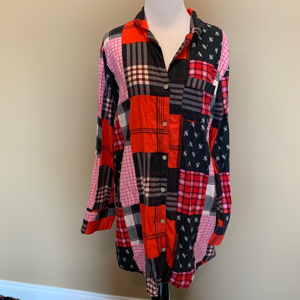 Vs Plaid Patchwork Flannel Button Down Sleep Shirt - image 1